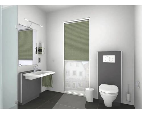 Modernes Badezimmer mit Waschbecken, Toilette und Fensterplissee