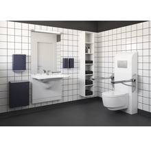 Barrierefreies Badezimmer mit Toilette, Waschbecken, Spiegel und Regal.