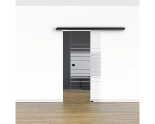 Schiebetür aus Glas mit horizontalem Streifenmuster und Schiebetürsystem vor einer weissen Wand