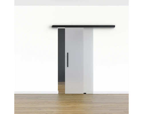 Schiebetür aus Glas mit Griff und Laufschiene vor einer Wand