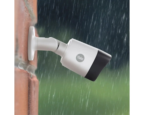 Yale Logo, Überwachungskamera zur Außenmontage bei Regen