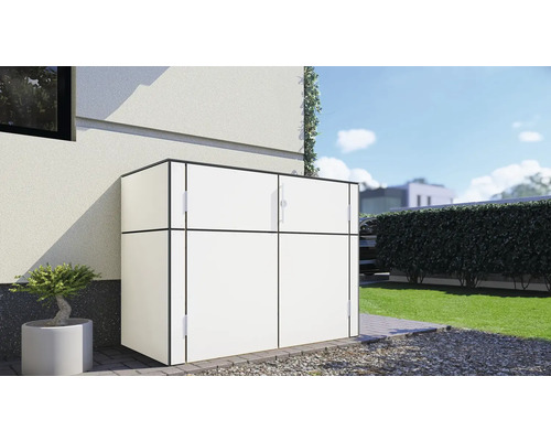 Gartenschrank Bertilo HPL Sideboard 155 x 75 x 116 cm weiß Geräteschrank aus Metall vor einem Haus mit Garten