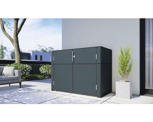 Gartenschrank Bertilo HPL Sideboard 155 x 75 x 116 cm anthrazit Szene im Außenbereich mit einer Gerätebox auf einer Terrasse