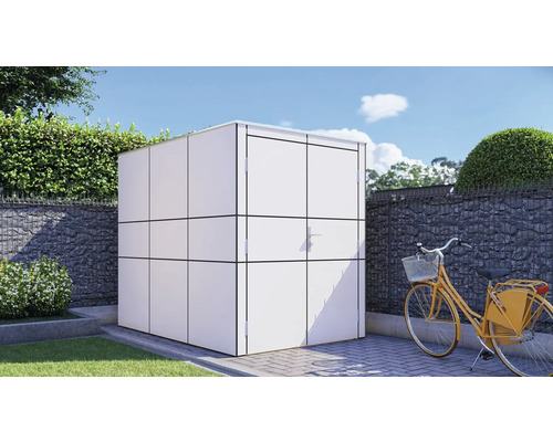 Fahrradgarage Bertilo HPL Design Bike Port 155 x 235 cm weiß Garten Szene mit einem Geräteschrank und einem Fahrrad