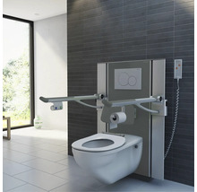 Modernes Badezimmer mit Wand-WC und Haltegriffen für erhöhte Barrierefreiheit