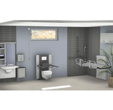 Badezimmer mit höhenverstellbarer Toilette, Waschtisch, Dusche und Liege für barrierefreies Wohnen