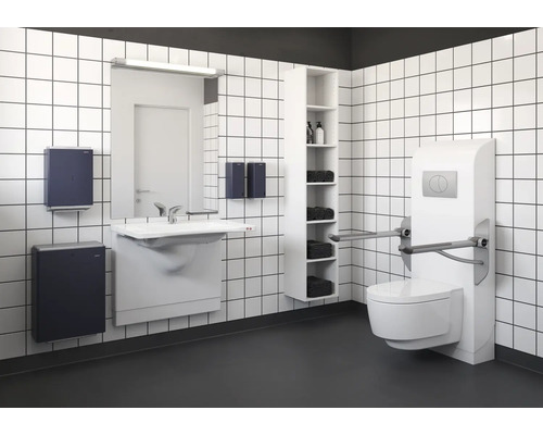Barrierefreies Badezimmer mit Toilette, Waschbecken und Aufbewahrungsmöbeln