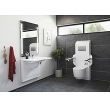 Barrierefreies Badezimmer mit Waschtisch und Toilette mit Haltegriffen