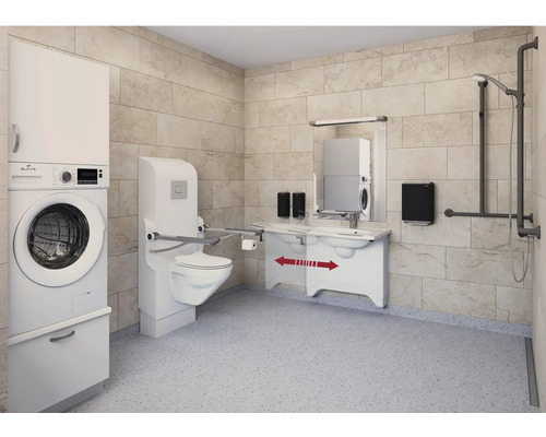 Barrierefreies Badezimmer mit Toilette, Waschbecken, Dusche und Waschmaschine