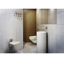 Modernes Badezimmer mit Toilette, Waschbecken, Wandgarderobe und Duschsitz