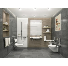Barrierefreies Badezimmer mit Dusche, Waschbecken und Toilette mit Haltegriffen