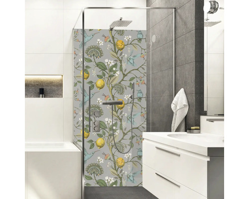 Duschrückwand mySpotti Shower Gloria Zitrone Vogel Pflanzen 210 x 100 cm SH-210100-1853-HB