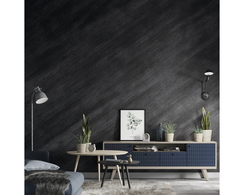 Modernes Wohnzimmer mit dunkler Wand, Kommode, Couch und Pflanzen.