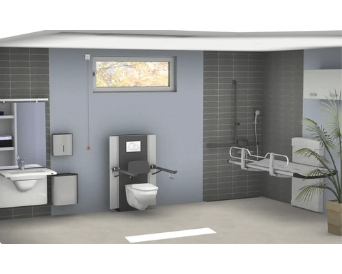 Barrierefreies Badezimmer mit Toilette, Waschtisch und Liege