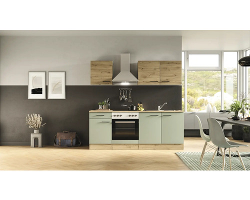 Helle Küche mit Einbaugeräten, Spüle und Arbeitsplatte