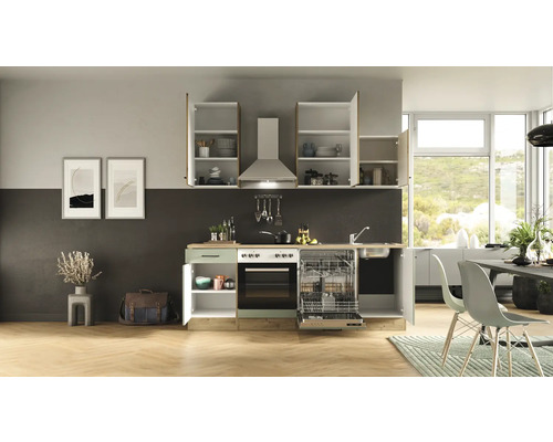 Einbauküche mit Spülmaschine, Herd, Dunstabzugshaube und offenen Schränken in einer hellen und geräumigen Küche.