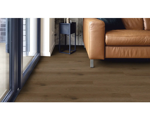 Wohnzimmer mit Laminatboden, Sofa und Zimmerpflanze