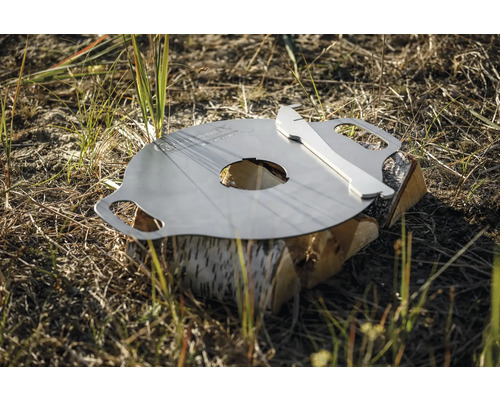 Grillplatte aus Metall mit Holzscheit im Freien