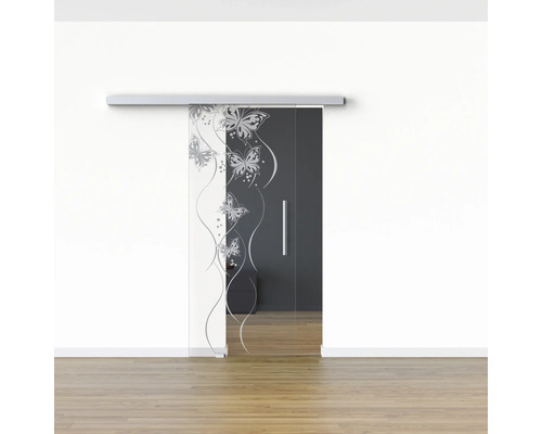 Glasschiebetür mit Schiebetürsystem und Schmetterlingsdekor