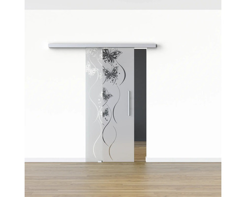 Schiebetür aus Glas mit Schmetterlingsmuster in einem Raum