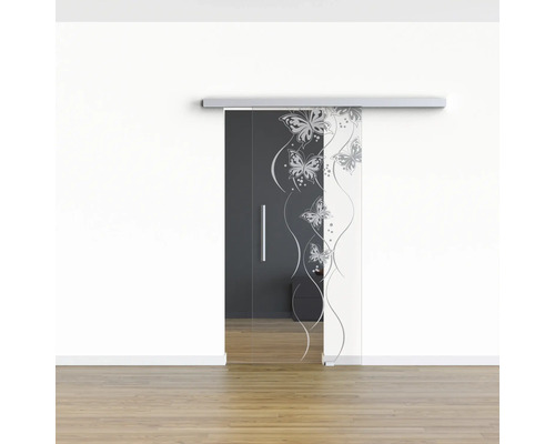 Schiebetür aus Glas mit Schmetterlingsmotiv