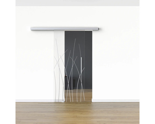 Glasschiebetür mit Pflanzenmuster vor einer Wand