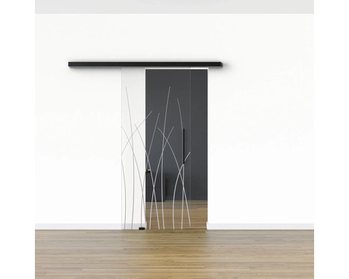 Schiebetür aus Glas mit Pflanzenmotiv vor einer weißen Wand