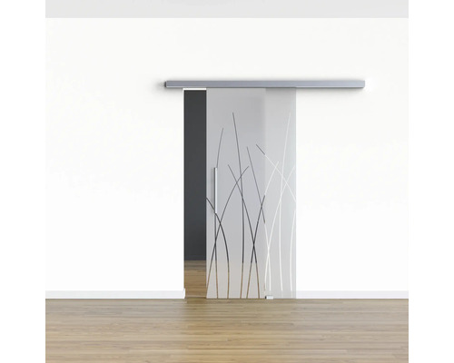 Raumansicht mit Glasschiebetür mit Gräser Design