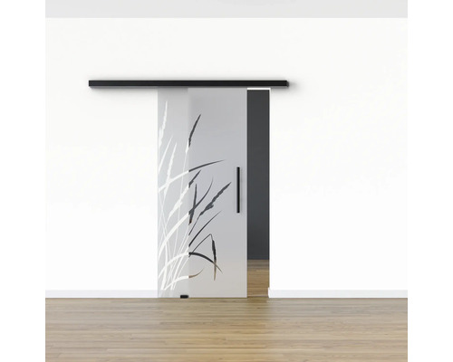 Schiebetür aus Glas mit Gräser Motiv vor einer Wand