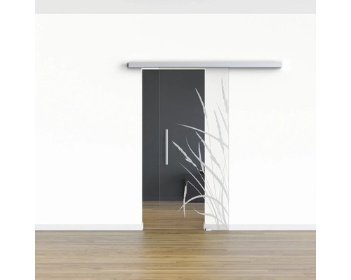 Glasschiebetür mit Haltegriff und Gräserdesign