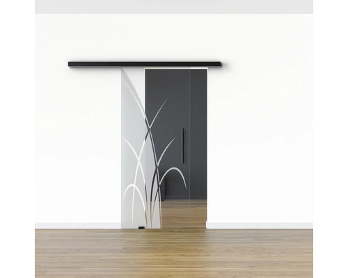 Glasschiebetür mit Pflanzenmuster und Griff