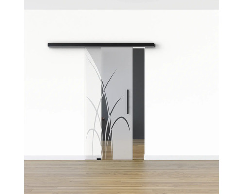 Schiebetür aus Glas mit grafischem Muster und Griff