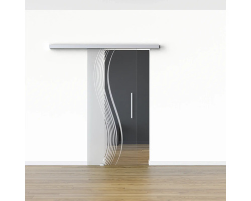 Glastür mit Schiebetürsystem und Dekor