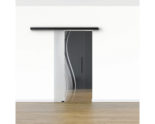 Schiebetür aus Glas mit Dekor und Griff vor weißer Wand