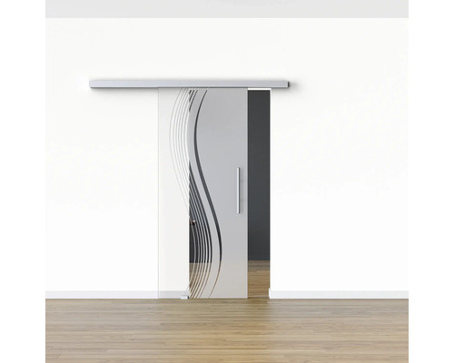 Schiebetür aus Glas mit Designelementen und Griff