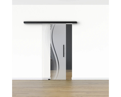 Schiebetür aus Glas mit Motiv vor einer Wand