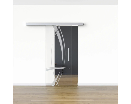 Schiebetür aus Glas mit abstraktem Muster und Griff