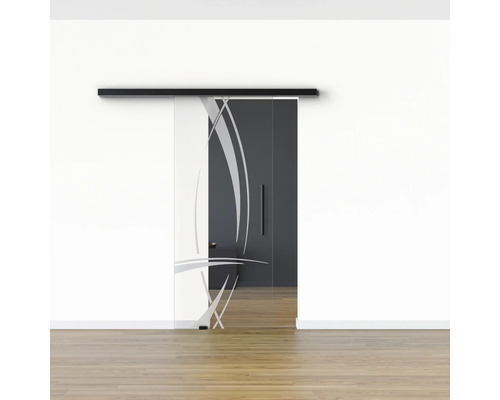 Glasschiebetür mit abstrakten Formen vor heller Wand