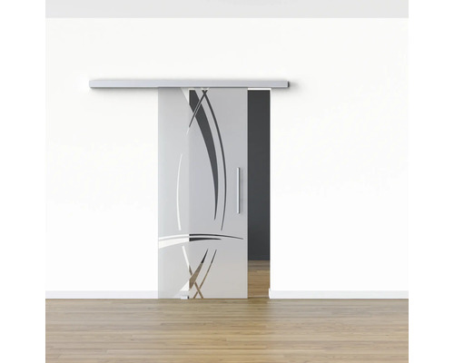 Schiebetür aus Glas mit Muster und Griff