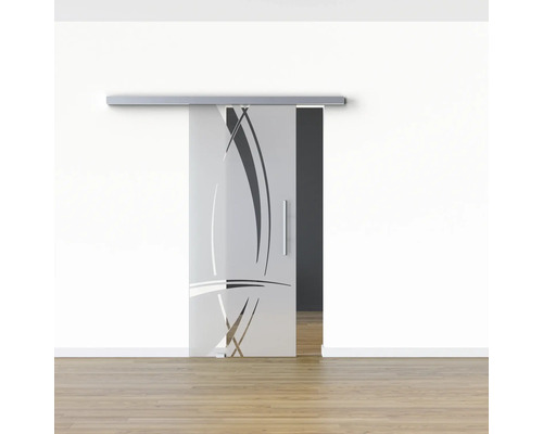 Schiebetür aus Glas mit Muster vor einer weissen Wand