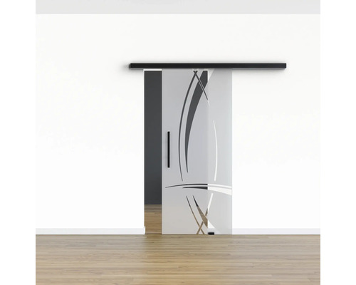 Schiebetür aus Glas mit schwarzer Laufschiene und Griff