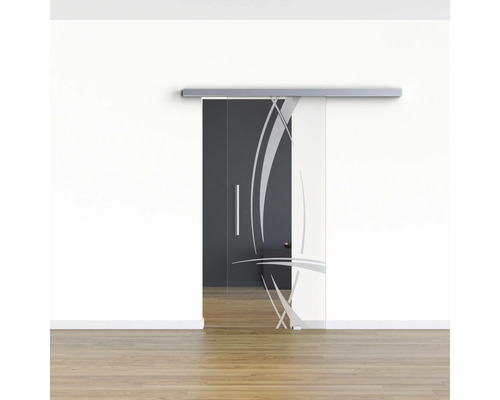 Glasschiebetür mit grafischem Muster vor einer Wand