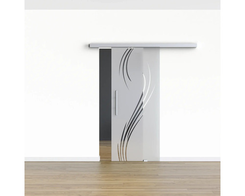 Glasschiebetür mit Griff und Dekor vor einer Wand