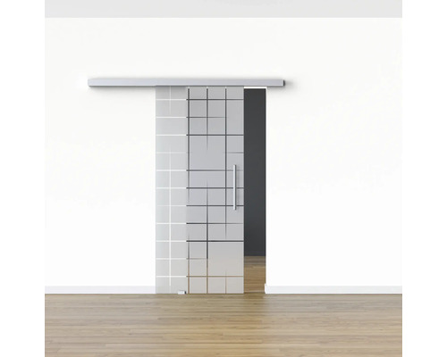 Schiebetür aus Glas mit gerastertem Dekor und Griff