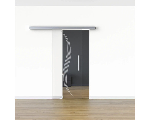 Glasschiebetür mit Motiv vor einer Wand