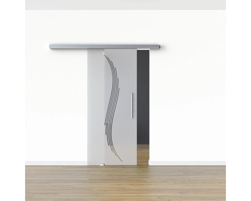 Schiebetür aus Glas mit Streifenmuster in einem hellen Raum