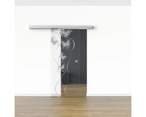 Glasschiebetür mit Schiebetürsystem und Schmetterlingsmuster
