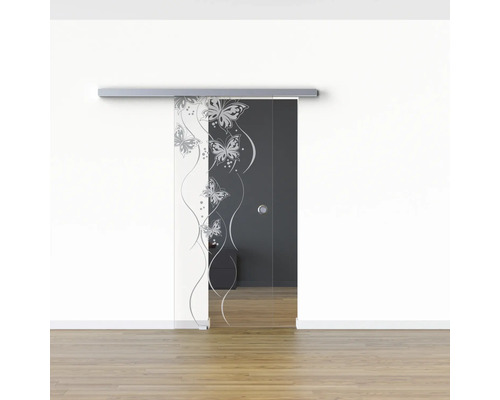 Glastür mit Schiebetürsystem und Schmetterlingsmuster