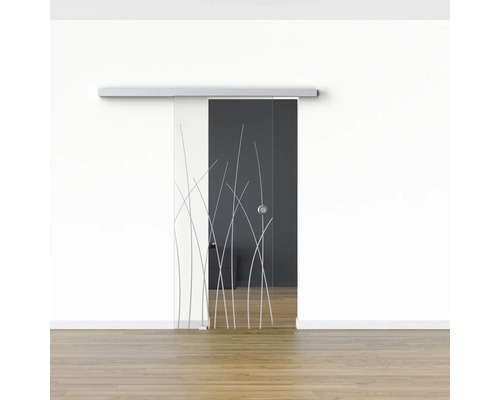 Glasschiebetür mit Pflanzenmuster vor einer Wand