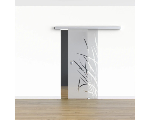 Schiebetür aus Glas mit Gräser-Motiv vor einer weißen Wand